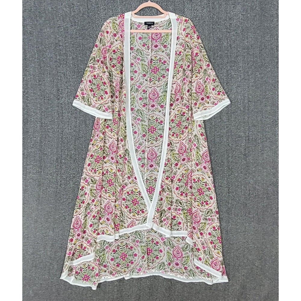 Torrid Kimono 00 Womens M/L Pink Floral Sheer Chiffon Cottagecore Boho Duster